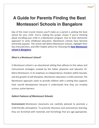 A Guide for Parents Finding the Best Montessori Schools in Bangalore