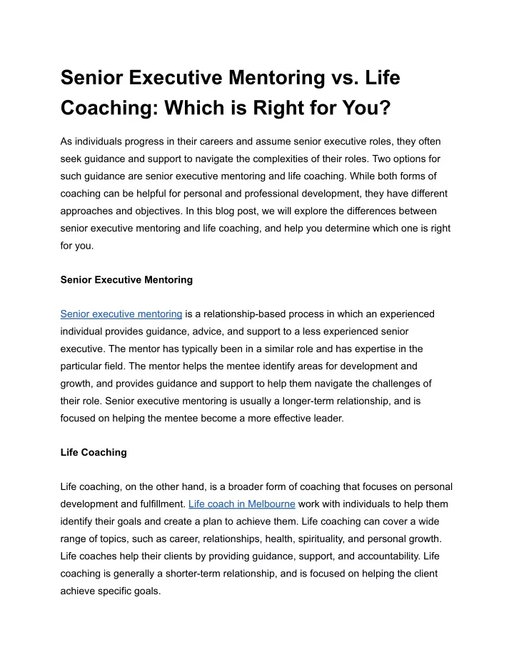 senior executive mentoring vs life coaching which