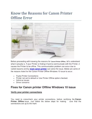 Know the Reasons for Canon Printer Offline Error