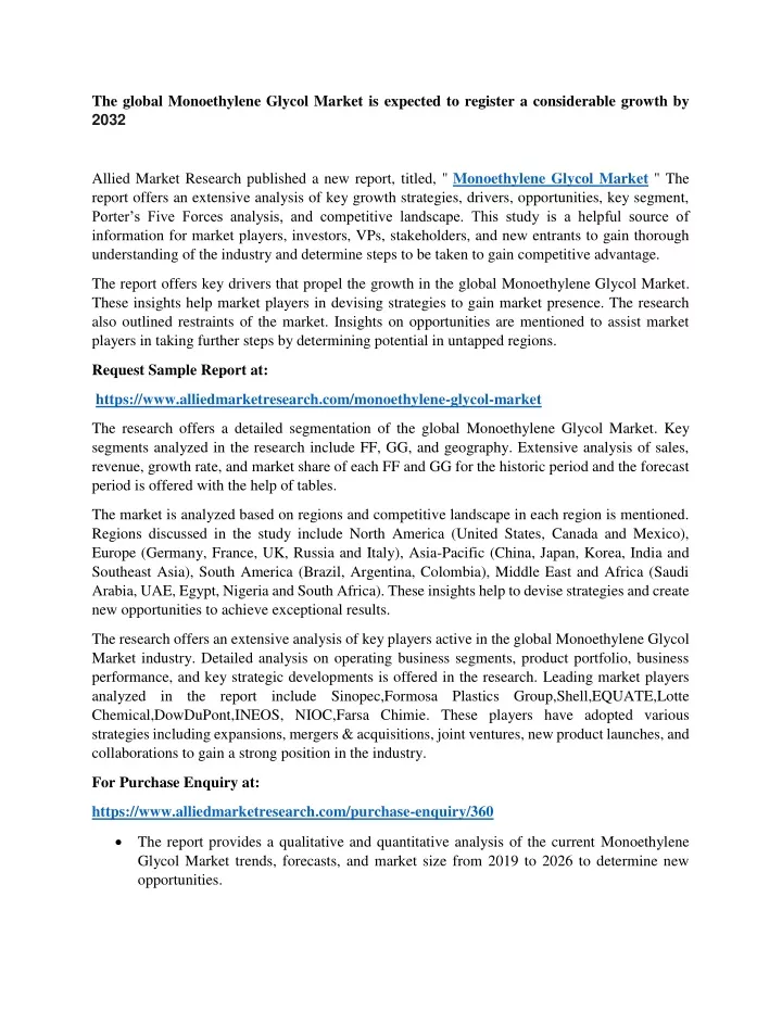 the global monoethylene glycol market is expected