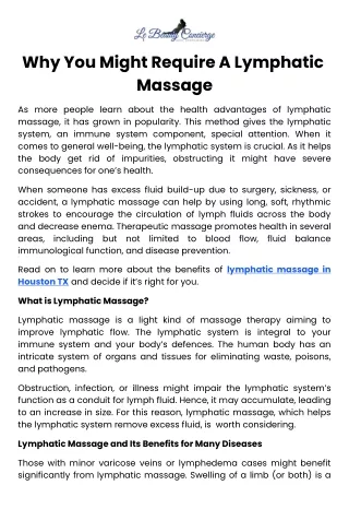 Why You Might Require A Lymphatic Massage