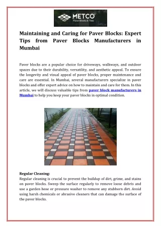 Maintaining and Caring for Paver Blocks Expert Tips from Paver Blocks Manufacturers in Mumbai
