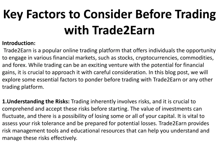 key factors to consider before trading with trade2earn