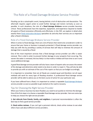 The Role of a Flood Damage Brisbane Service Provider