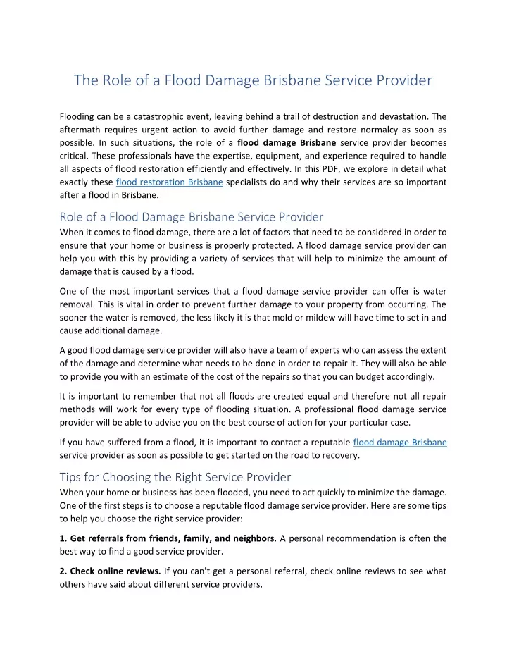 the role of a flood damage brisbane service