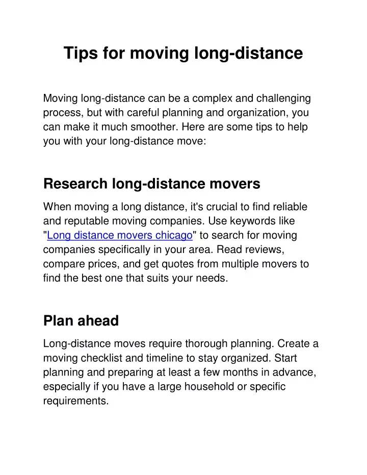 tips for moving long distance