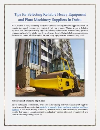 Tips for Selecting Reliable Heavy Equipment and Plant Machinery Suppliers In Dubai