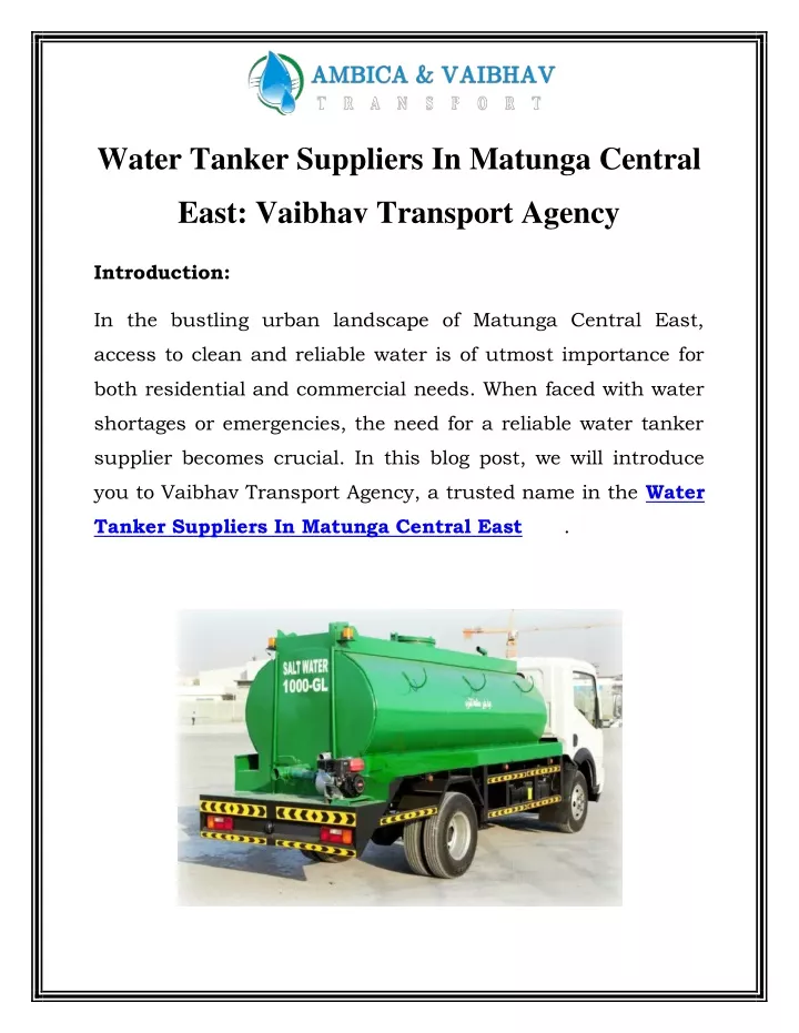 water tanker suppliers in matunga central