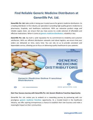 Find Reliable Generic Medicine Distributors at Generilife Pvt. Ltd.