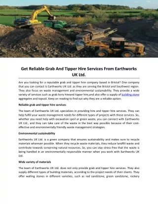 Get Reliable Grab And Tipper Hire Services From Earthworks UK Ltd