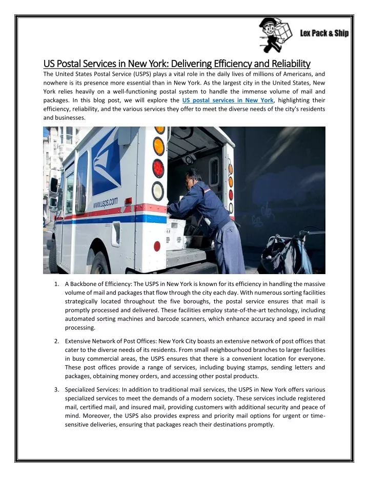 us postal services in new york delivering