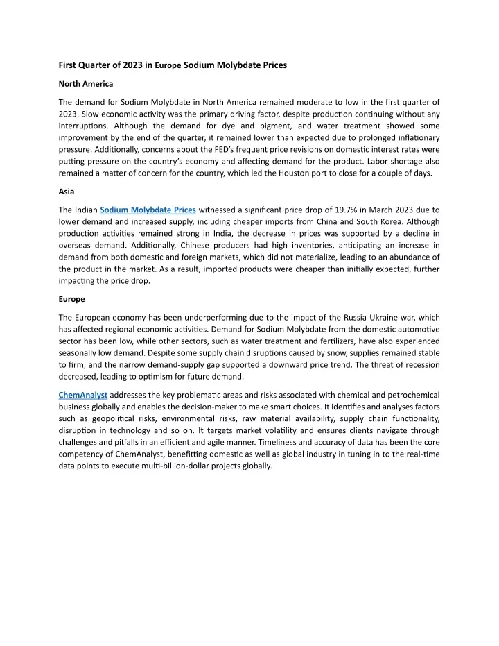 first quarter of 2023 in europe sodium molybdate