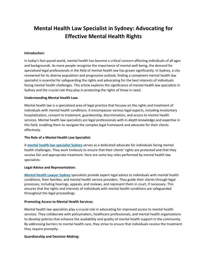 mental health law specialist in sydney advocating