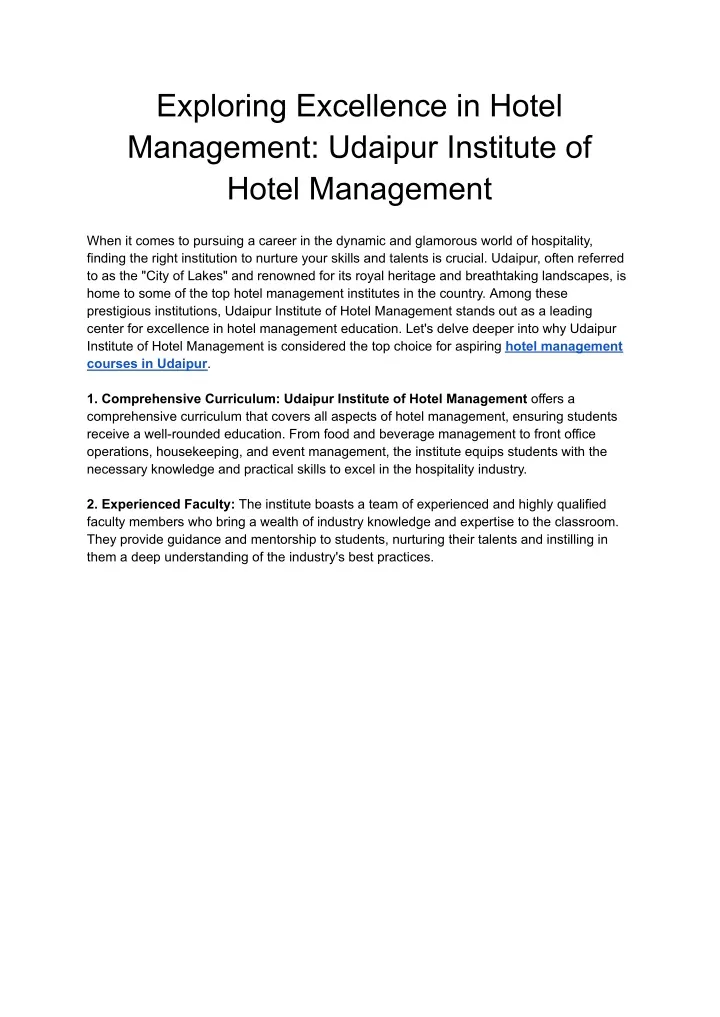 exploring excellence in hotel management udaipur