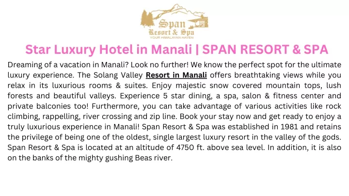 star luxury hotel in manali span resort