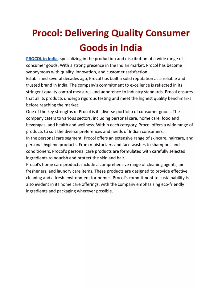 procol delivering quality consumer goods in india
