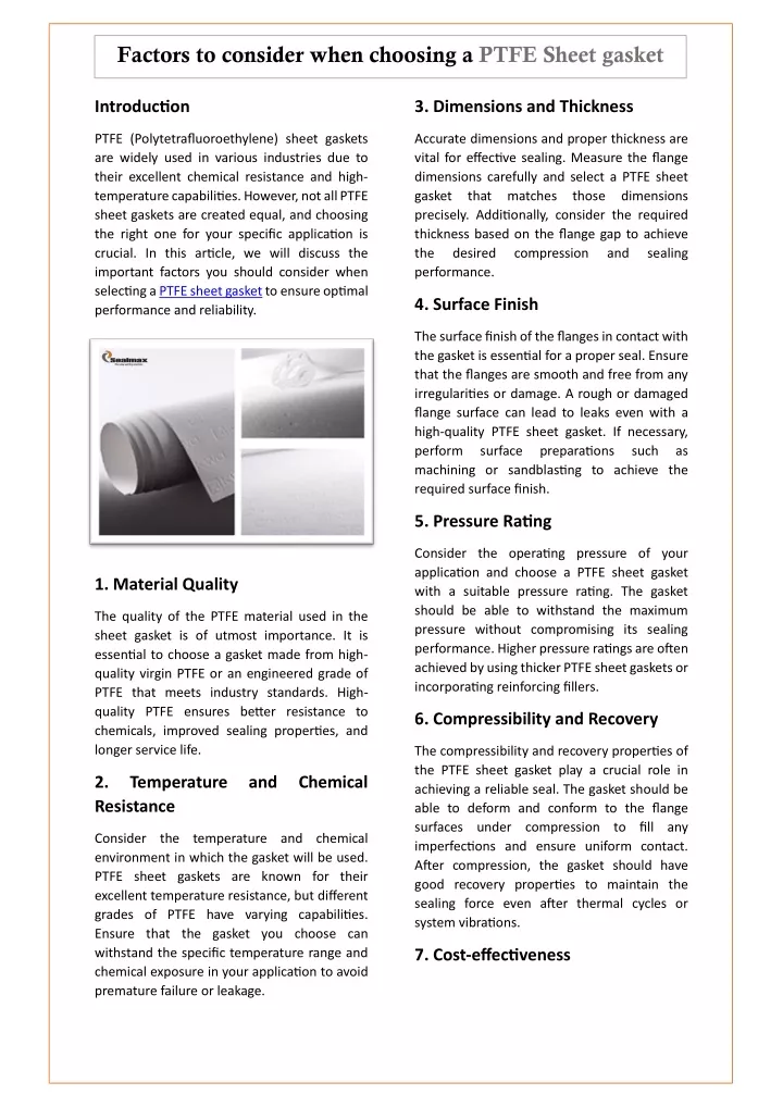 factors to consider when choosing a ptfe sheet