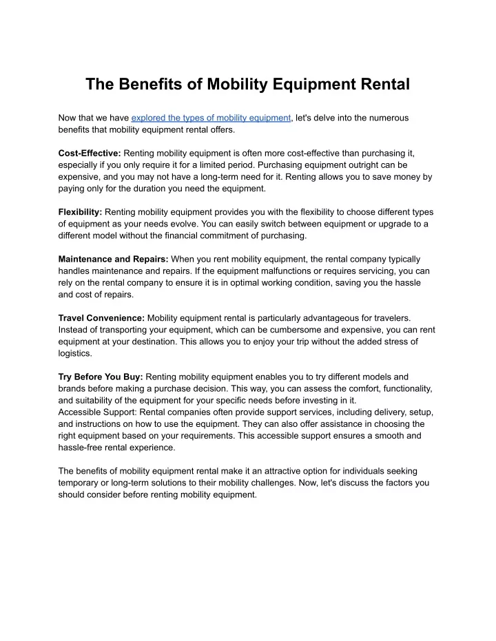 the benefits of mobility equipment rental