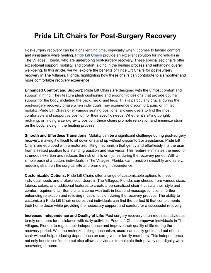 pride lift chairs for post surgery recovery