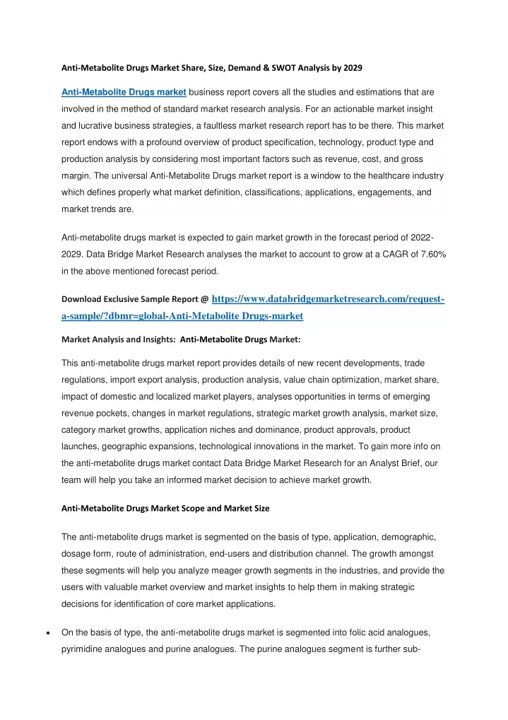 anti metabolite drugs market share size demand