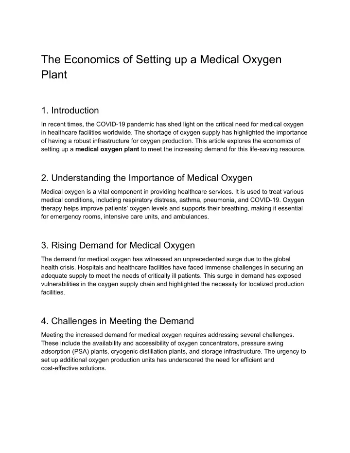 the economics of setting up a medical oxygen plant