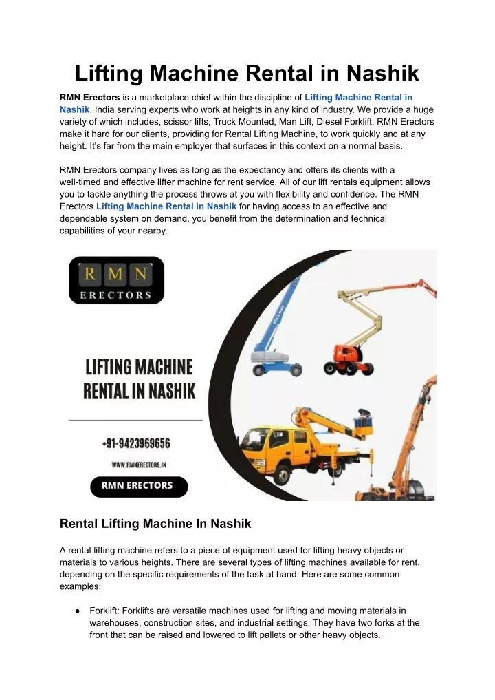 lifting machine rental in nashik