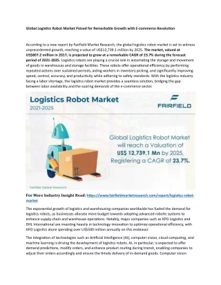 Logistics Robot Market Growth Prospects by 2025 with Leading Players
