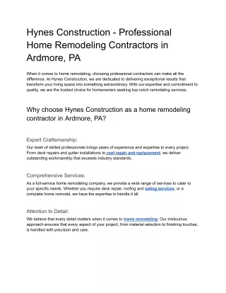 Hynes Construction - Professional Home Remodeling Contractors in Ardmore, PA