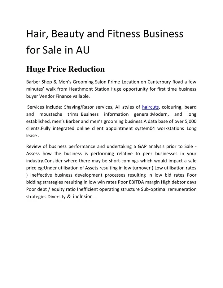 hair beauty and fitness business for sale in au