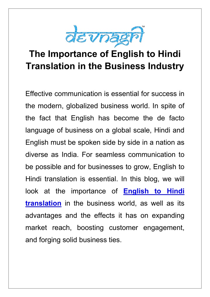 the importance of english to hindi translation