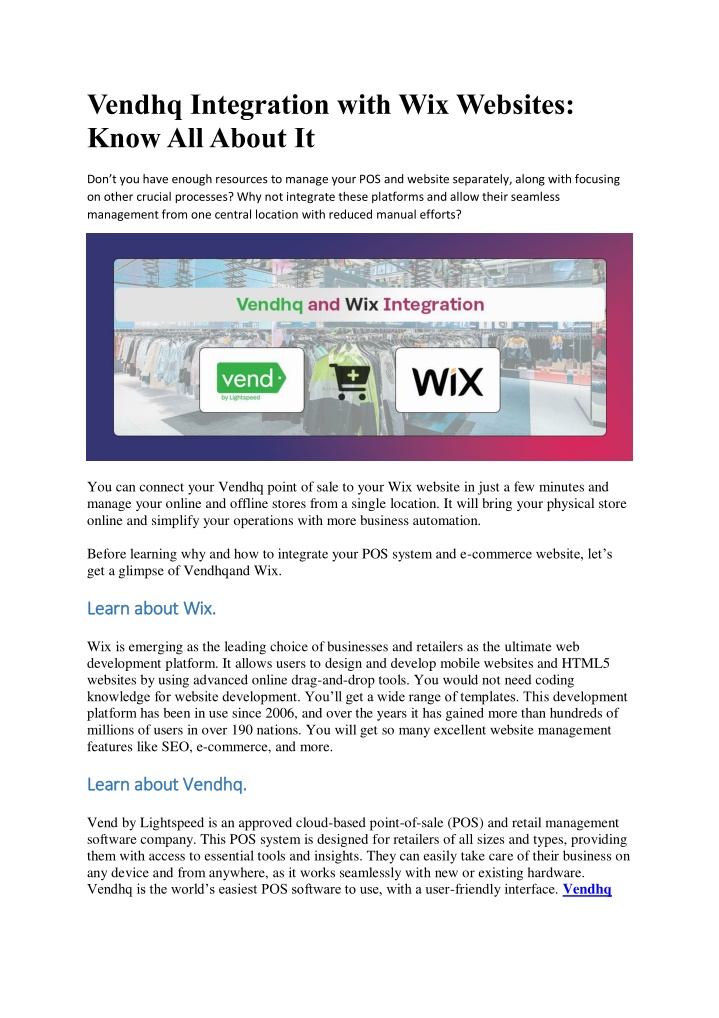 vendhq integration with wix websites know