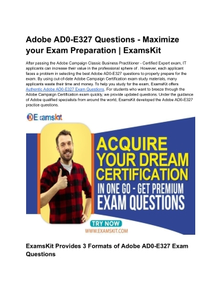 Adobe AD0-E327 Questions - Maximize your Exam Preparation | ExamsKit