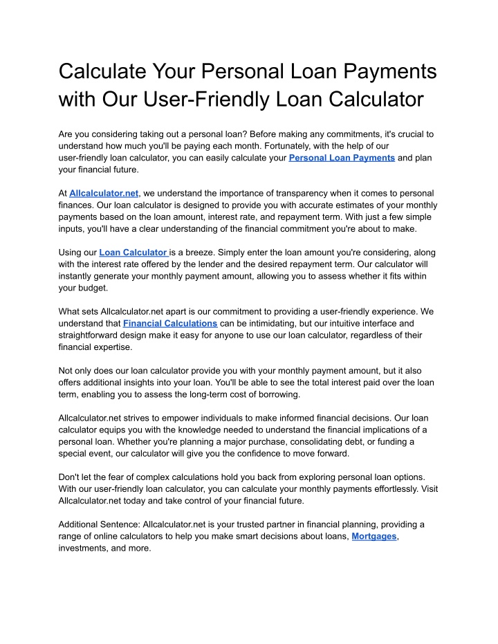 calculate your personal loan payments with