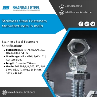 Stainless Steel Fasteners | Mild Steel Fasteners | Alloy Steel Fasteners - Bhansali Fasteners