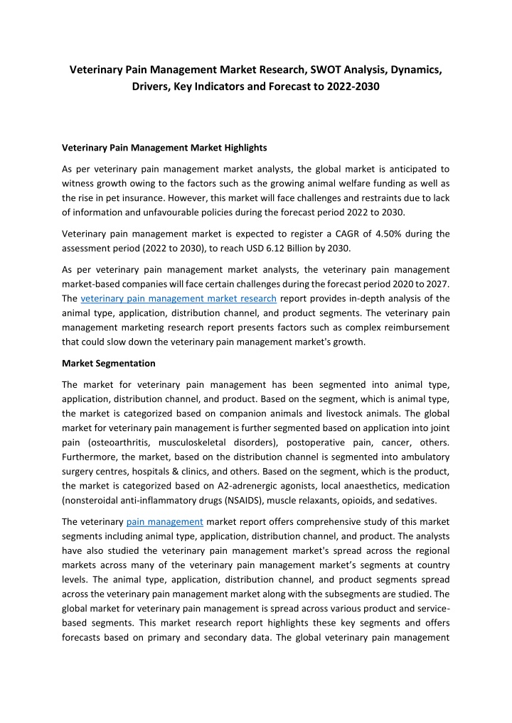 veterinary pain management market research swot