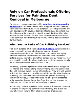 Rely on Car Professionals Offering Services for Paintless Dent Removal in Melbourne