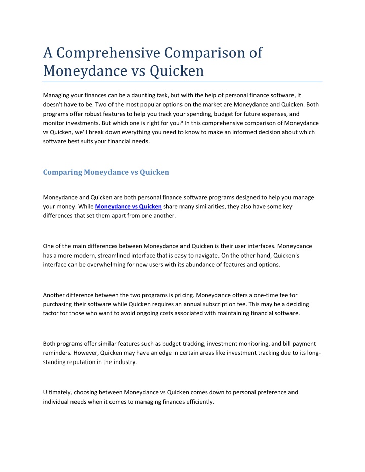 a comprehensive comparison of moneydance