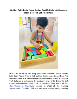 Golden Bells Early Years, India’s first Multiple Intelligences based Best Pre School in Delhi