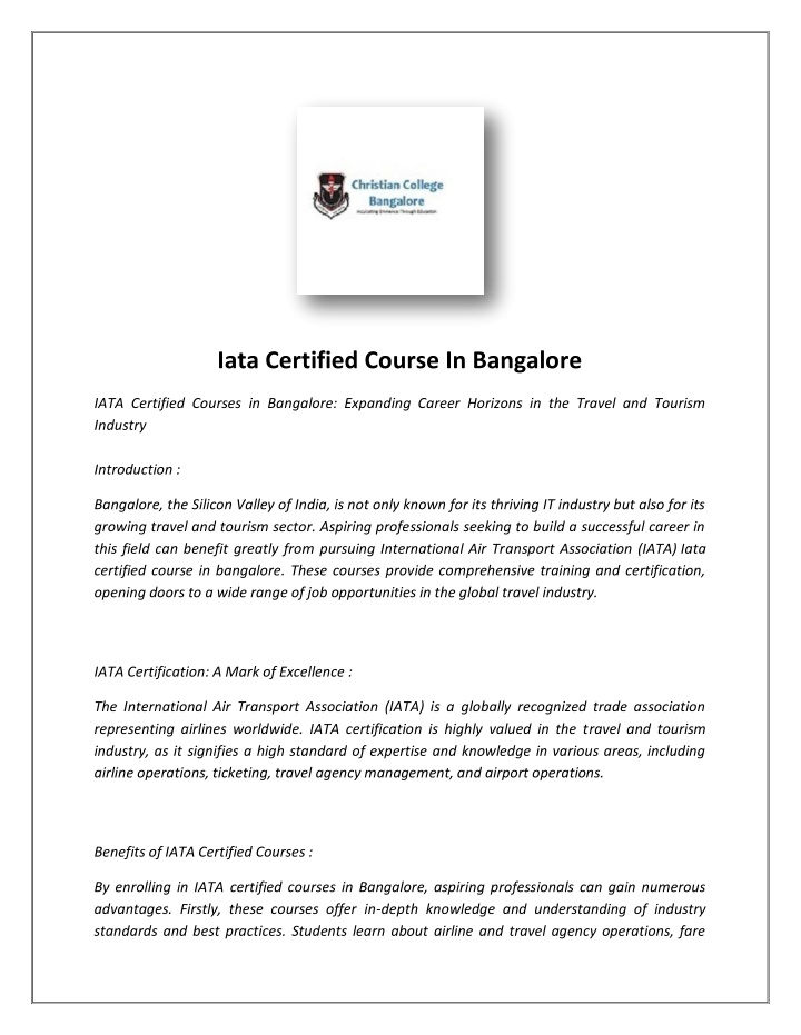 iata certified course in bangalore