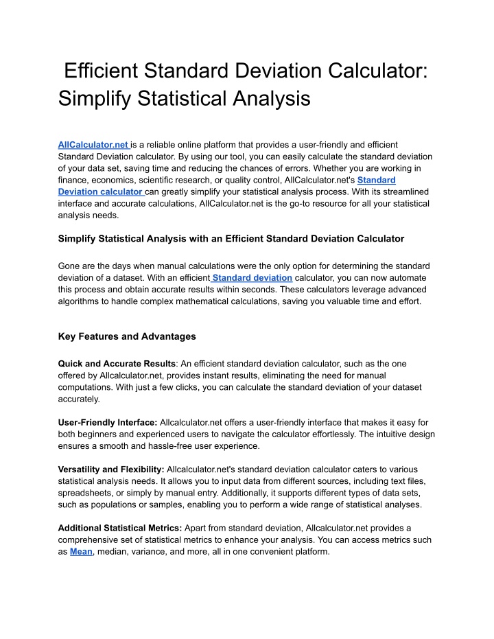 efficient standard deviation calculator simplify