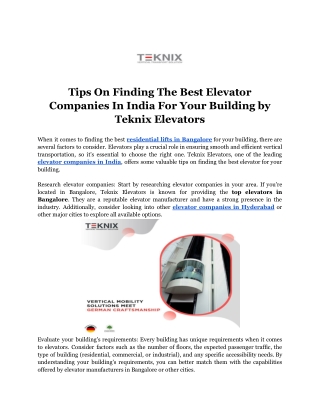 Tips On Finding The Best Elevator Companies In India For Your Building by Teknix Elevators