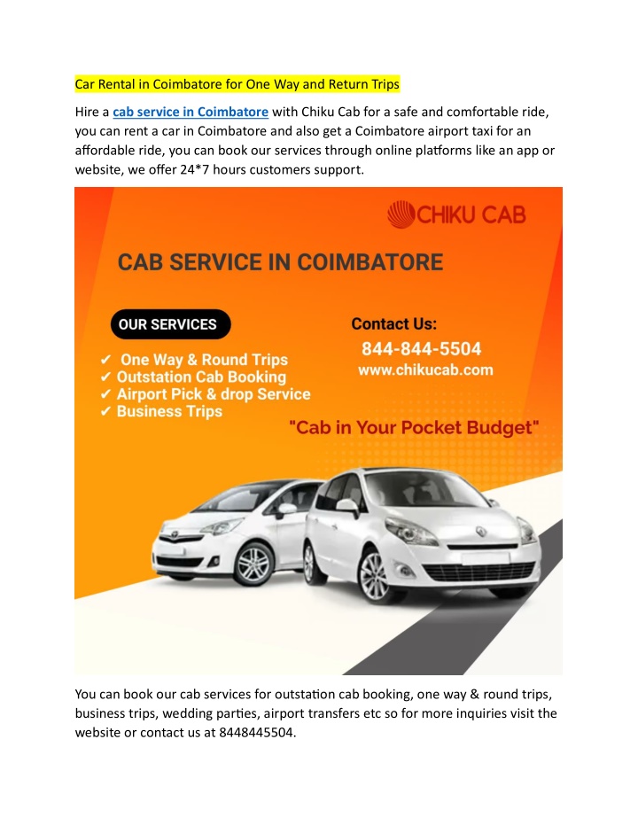 car rental in coimbatore for one way and return