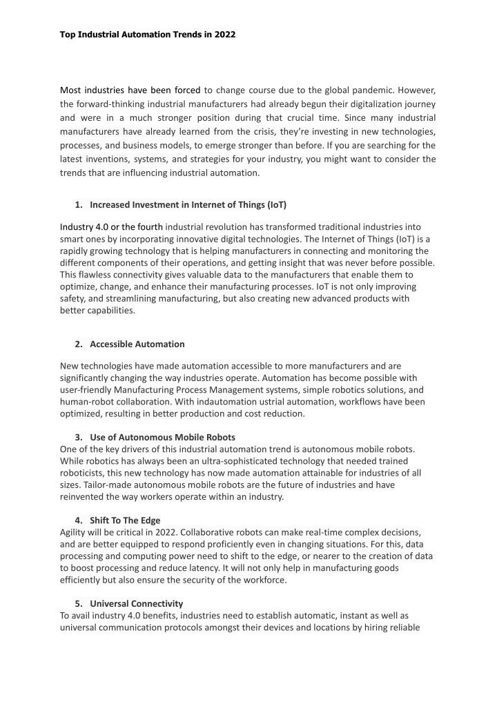 top industrial automation trends in 2022