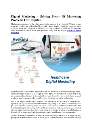 Digital Marketing - Solving Plenty Of Marketing Problems For Hospitals