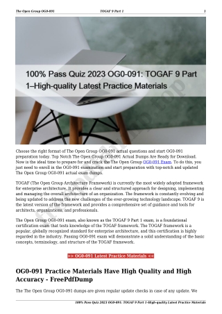 100% Pass Quiz 2023 OG0-091: TOGAF 9 Part 1–High-quality Latest Practice Materials