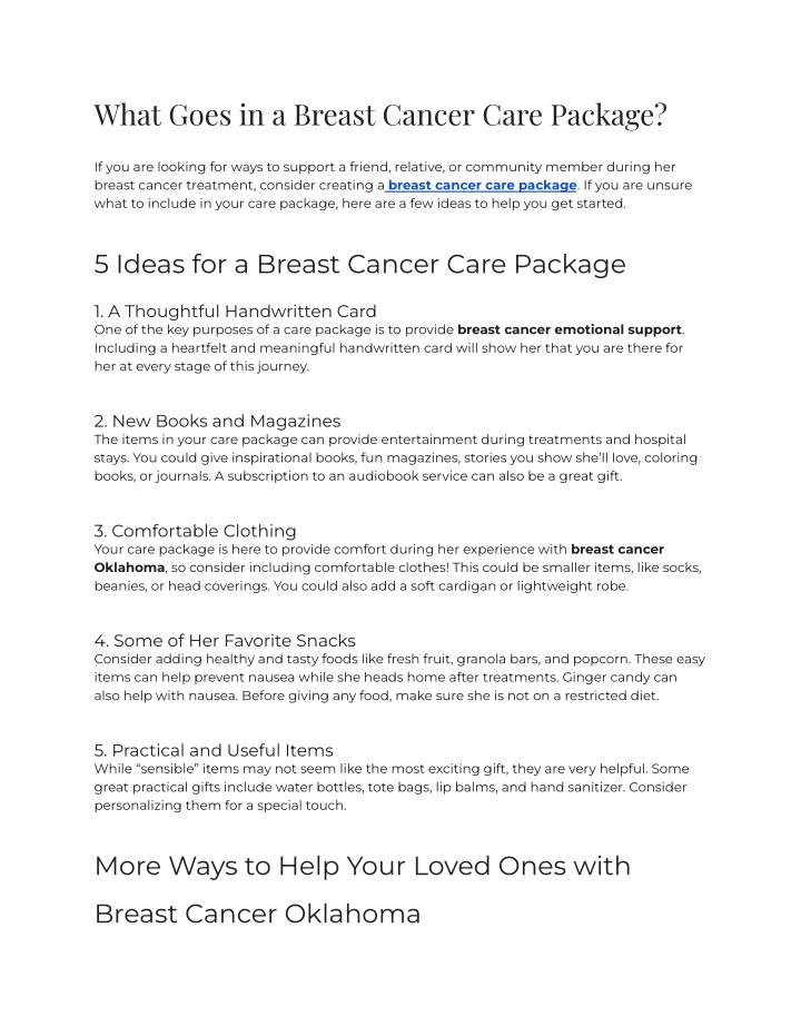 what goes in a breast cancer care package