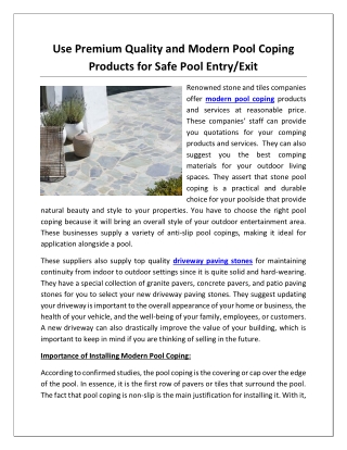 Use Premium Quality and Modern Pool Coping Products for Safe Pool Entry Exit