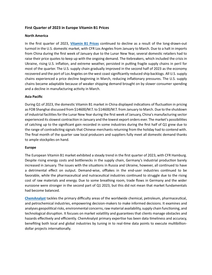 first quarter of 2023 in europe vitamin b1 prices
