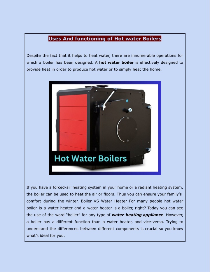 uses and functioning of hot water boilers