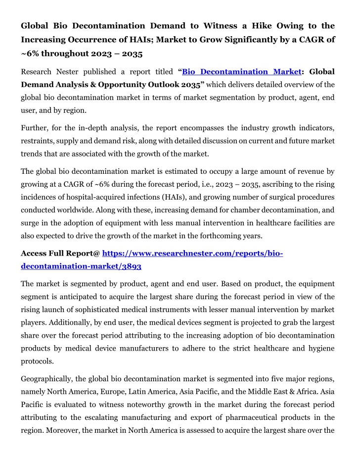global bio decontamination demand to witness